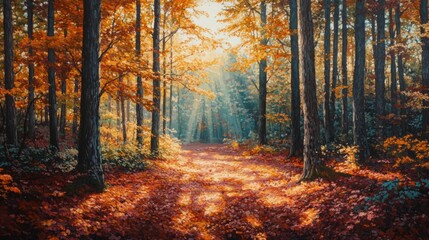 Fototapeta premium A serene forest scene in autumn, with golden leaves carpeting the ground, sunlight streaming through trees, creating a warm and inviting atmosphere.