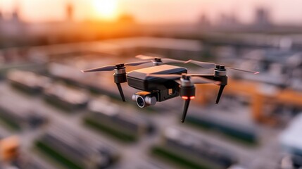 Drone Flight over Industrial Complex at Sunset