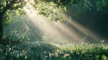 A serene forest scene with sunlight streaming through leaves, illuminating dew-covered grass and a delicate spider web.