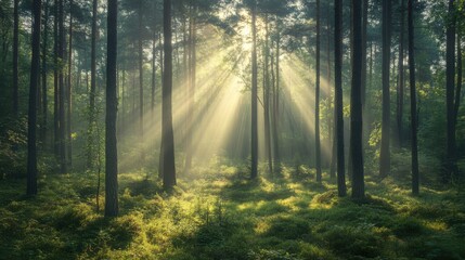 A serene forest scene with sunlight filtering through tall trees, casting a warm glow on the lush, green undergrowth.