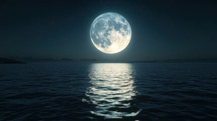 A serene night scene featuring a full moon reflecting on calm ocean waters under a starry sky.