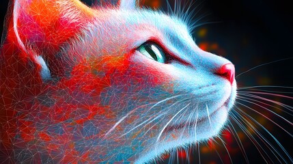 Colorful patterned cat head illustrated in an abstract polygonal style with creative artistic expression and design