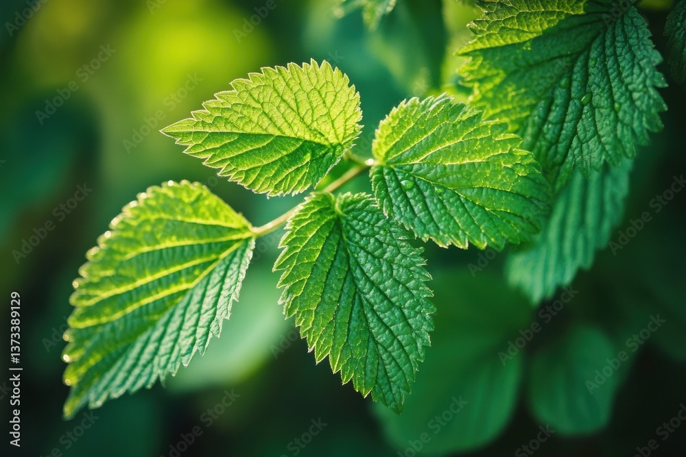 Poster Fresh green leaves adorned with dewdrops create a serene nature composition amidst a soft blurred background in high-definition macro
