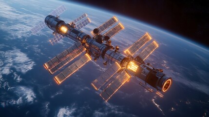 ESG, sustainability and innovation: A clean energy space station orbiting Earth, harvesting solar energy with massive satellite panels, glowing holographic control interface, sci-fi ultra-realistic.