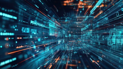 Fototapeta premium A futuristic digital landscape featuring vibrant blue and orange data streams, symbolizing speed and technology in a virtual environment.