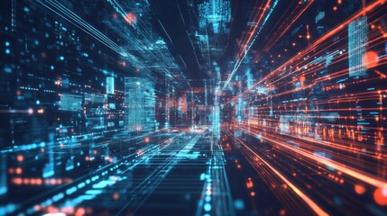 Fototapeta premium A vibrant digital scene depicting fast-moving data streams, showcasing a futuristic cityscape filled with glowing lines and patterns.