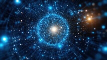 Fototapeta premium An abstract digital representation of energy and light, showcasing a bright center surrounded by a web of glowing particles.