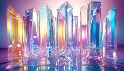 カラフルなクリスタル群、透明な柱状結晶、幻想的なガラスの塔、光に反射する鉱石、ファンタジー風の結晶、虹色に輝くオブジェ、未来的な装飾、抽象的なクリスタルアート、光沢のあるガラス素材、幻想世界の風景
