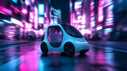 Fototapeta premium ESG, sustainability and innovation: A concept car powered by hydrogen fuel cells, sleek aerodynamic design, driving through a neon-lit smart city at night.
