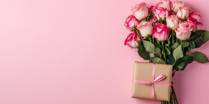 Draufsicht, ein Strau&szlig; Rosen mit einem Geschenk zum Muttertag, Platz f&uuml;r Text, Karte, Hochzeit, Feier, Freude, Poster, Geschenkverpackung 