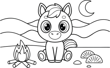 Outline Cartoon Horse By Campfire Under Moon in Black and White Line Art Style