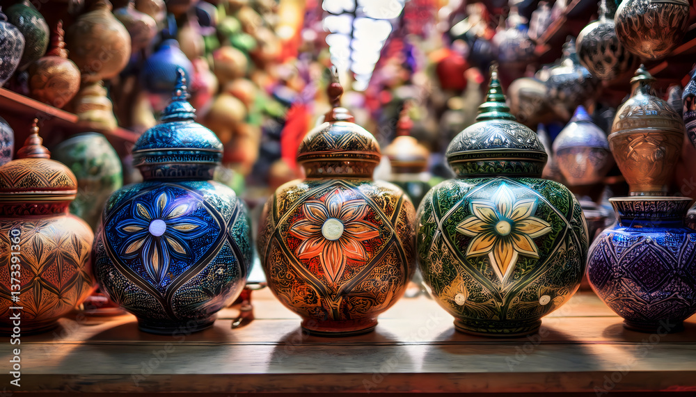 Poster intricately designed decorative jars displayed against a colorful backdrop, showcasing craftsmanship