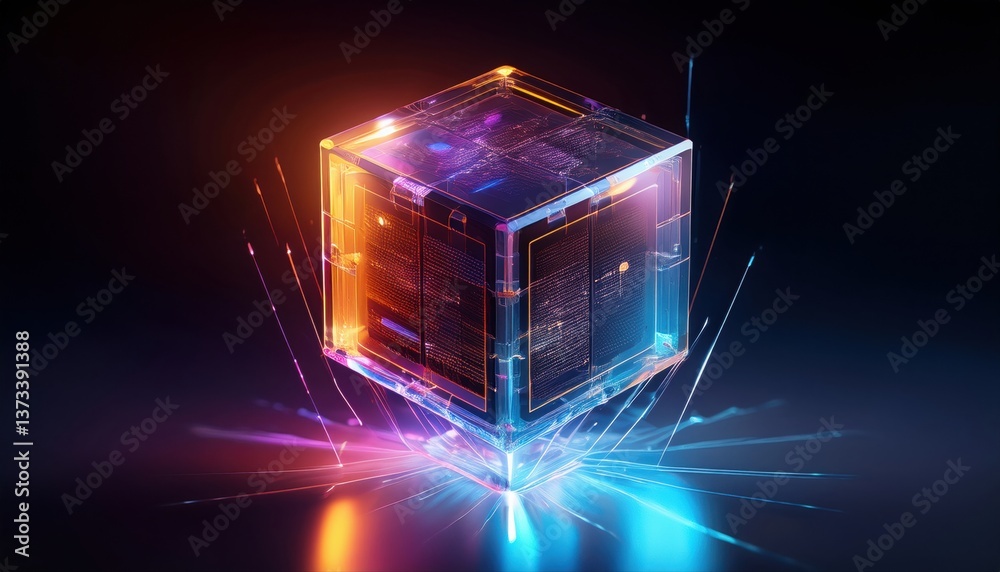 Poster floating semi-transparent data cube with glowing internal layers symbolizing ai transparency and inn