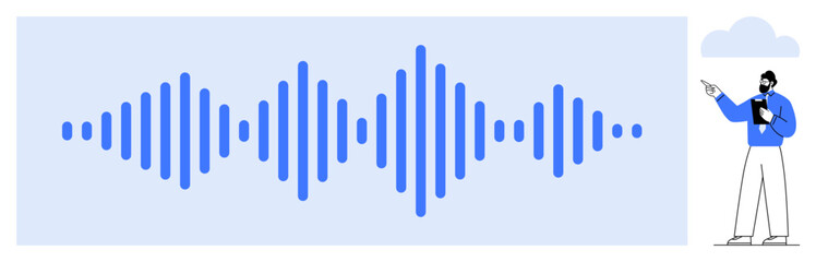Man pointing to stylized blue audio waveform with dynamic symmetry. Ideal for sound analysis, technology, podcasting, music production, data visualization, communication, flat simple metaphor