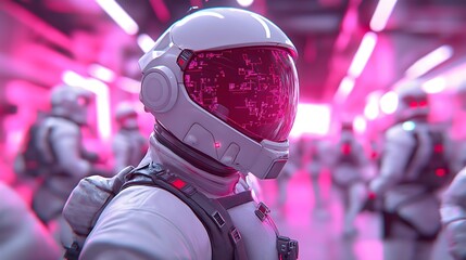 Naklejka premium ESG, sustainability and innovation: A cybernetic scientist using AI to analyze atmospheric carbon capture technology, floating holograms showing global CO2 reduction trends.
