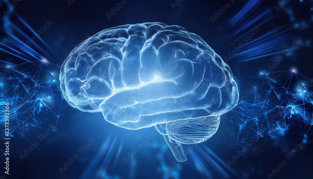 Poster semi-transparent ai brain with pulsating glowing synapses floating in deep blue digital environment