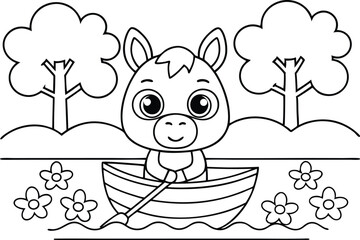 Cute Horse Character in Boat Paddling on River with Flowers Line Art