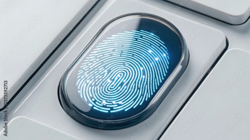 Poster futuristic fingerprint scanner integrated with a computer keyboard displaying advanced security tech