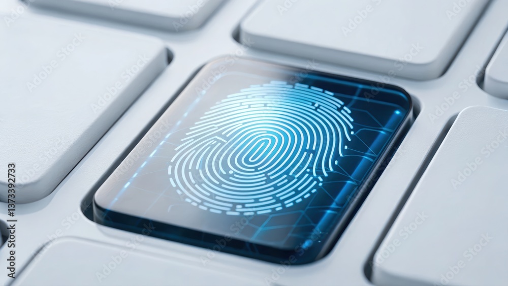 Poster close-up of a futuristic fingerprint scanner embedded in a computer keyboard signifying advanced tec