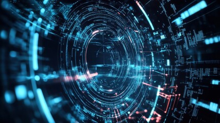 Obraz premium A futuristic digital tunnel with vibrant blue and red lines, representing technology and data flow in a visually striking, abstract manner.