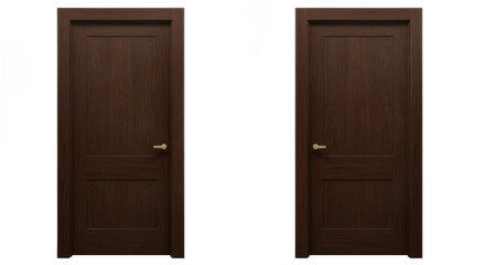 Elegant dark brown wooden double doors isolated against a clean white backdrop