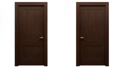 Elegant dark brown wooden double doors isolated against a clean white backdrop