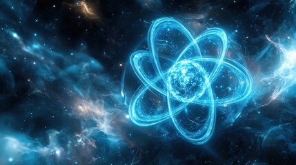 A vibrant, blue representation of an atom in a cosmic background, illustrating the connection between science and the universe.