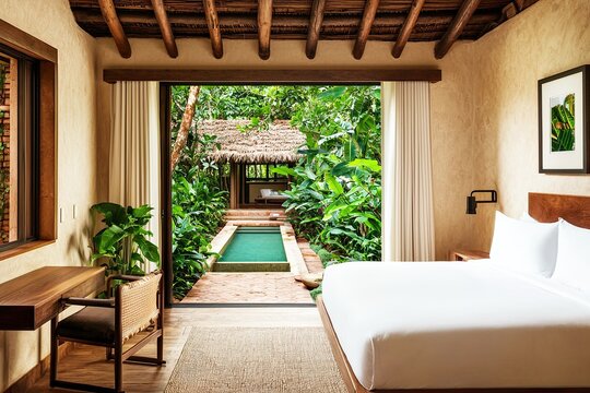Relaxing tropical retreat in a modern hotel room surrounded by lush greenery bright and inviting indoor-outdoor space