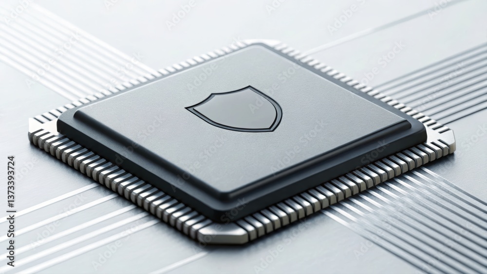 Poster minimalist computer chip embedded with shield symbol representing technology security and innovation