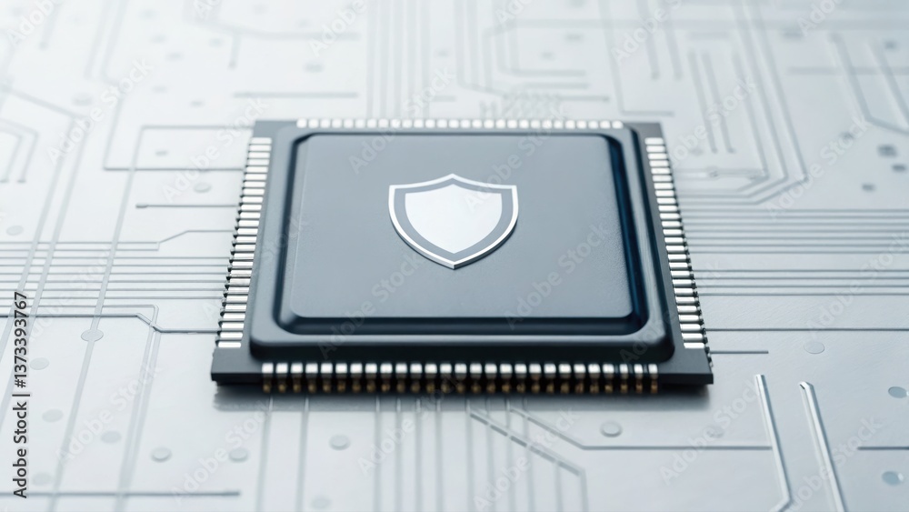 Poster minimalist computer chip design with embedded shield icon representing cybersecurity and protection