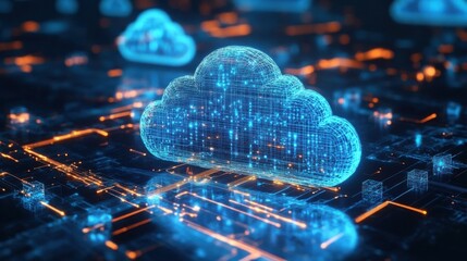 Obraz premium A digital representation of a cloud symbol surrounded by glowing circuitry, illustrating concepts of cloud computing and technology.