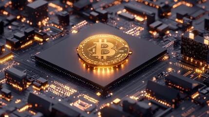 Golden Bitcoin on Microchip  Cryptocurrency  Digital Currency  Finance  Technology