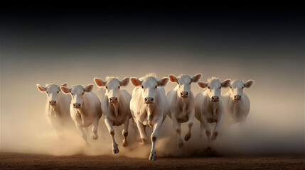 Herd of White Cows Running in Dust - Animal Photography - Livestock in Motion - Dark Background