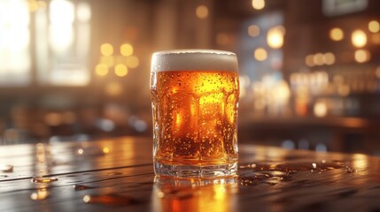 A frosty glass of beer sits on a wooden table, glistening with condensation, surrounded by a warm, ambient atmosphere.