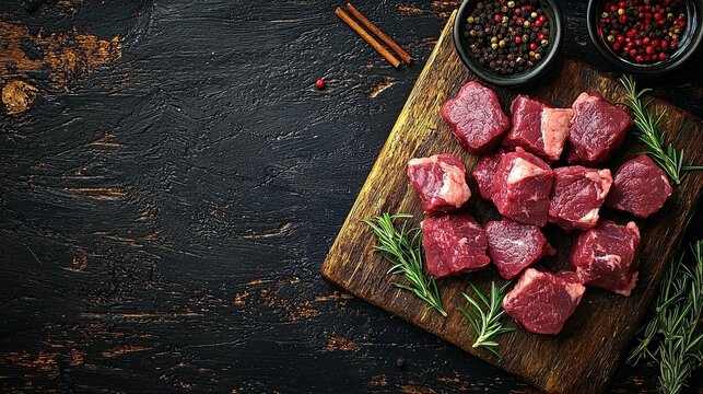 Fresh raw beef meat cubes with spices and herbs on a wooden board, top view, dark background, ready for cooking. Perfect for preparing a delicious meal with rich flavors and seasonings.
