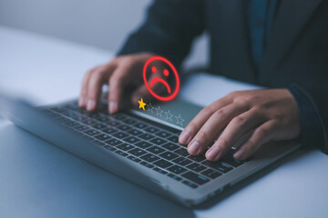 Customer Experience dissatisfied. Unsatisfied customer reviews a 1-star rating, Negative feedback bad user experience via a laptop, bad service, Sadness emotion customer