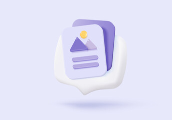 3D media data with video and photo management. Searching image and video files in gallery library. Document management soft database, document form. 3d multimedia file icon vector render illustration