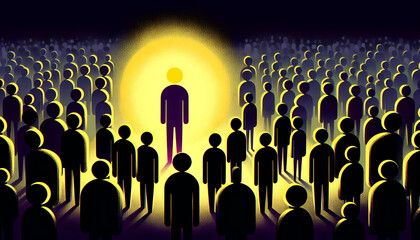 A bright yellow figure stands apart from a crowd of dark silhouettes, symbolizing individuality, confidence, and the courage to lead.