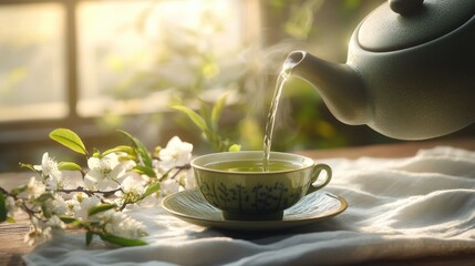 Fototapeta premium A serene scene of tea being poured into a delicate cup, surrounded by blooming flowers and warm sunlight filtering through a window.