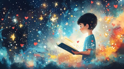 A young boy stands captivated by a glowing book, surrounded by a magical universe of stars and hearts, representing imagination and wonder.
