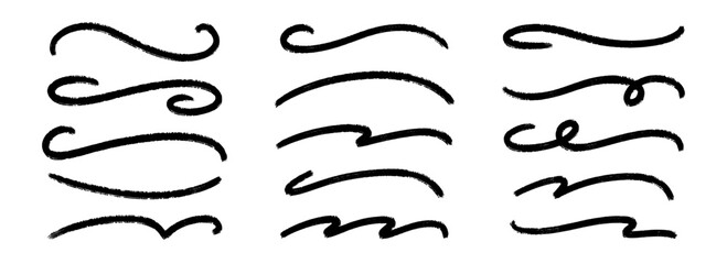 Wavy paint line set. Squiggle sketch brush stroke collection. Rough charcoal curved stripes for highlight, underline, emphasis. Vector hand drawn wave crayon chalk strips. Black swoosh bundle