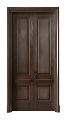 Elegant dark brown wooden double door against a crisp, clear white backdrop