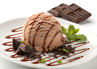 Single scoop of chocolate ice cream with chocolate syrup and mint 