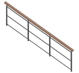 Isometric Glass & Metal Railing (Game): Minimalist 3D asset with wood handrail, optimized for...