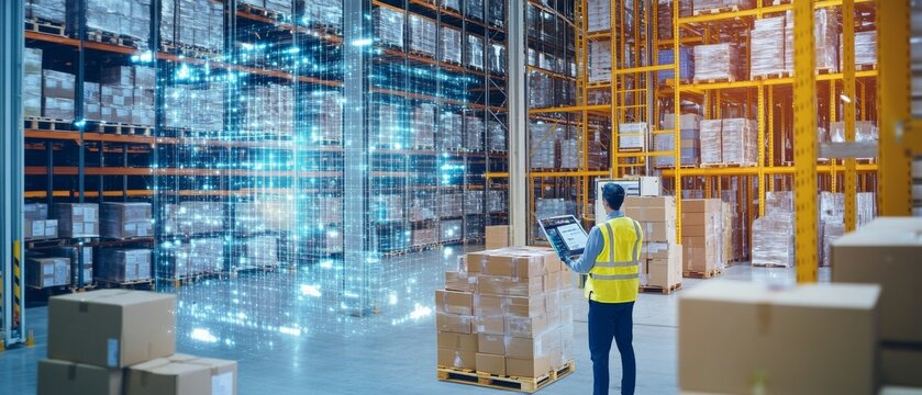 Technologists creating AI driven automated warehouse sorting systems, high-tech logistics facility with real-time sorting and package tracking, High-tech style