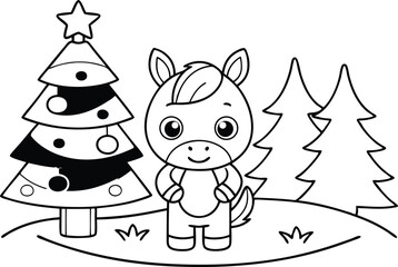 Outlined Pony with Christmas Tree on Hillside with Transparent Background Design