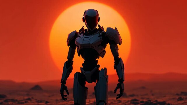 Robotic silhouette advances against fiery sunset on alien terrain
