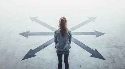 Woman Facing Multiple Directions, Arrows Representing Decision and Future Path Options