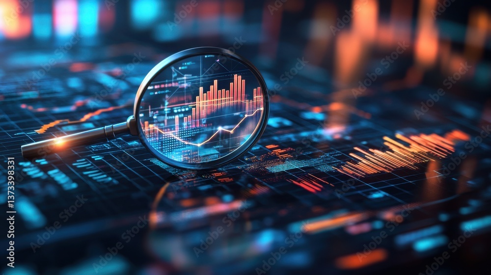 Poster a magnifying glass focuses on digital graphs and data, emphasizing analytics and technology in a vib