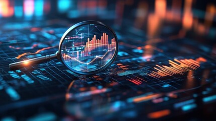 A magnifying glass focuses on digital graphs and data, emphasizing analytics and technology in a vibrant, futuristic setting.
